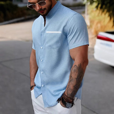 Men's New Stand Collar Contrast Color Pocket Short Sleeve Shirt